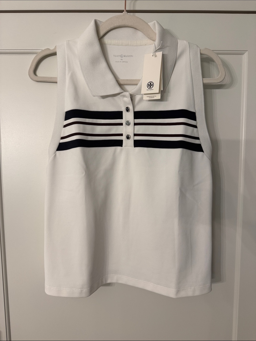 Tory Burch White Sleeveless Polo Tank with Navy and Burgundy Stripes